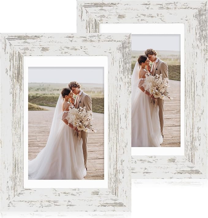 4x6 Picture Frame Set of 2, Made of Real Glass and Distressed White Wooden Frame - Display Pictures 3.5x5 with Mat or 4x6 Without Mat, 4 by 6 Photo Frame for Wall or Tabletop Display