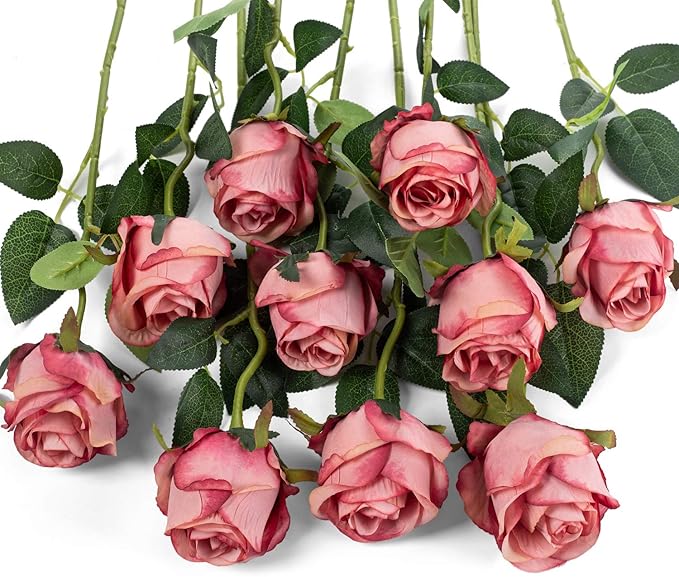 Flojery 10pcs Artificial Rose Flowers Long Stem Fake Silk Roses for DIY Wedding Bouquet Table Centerpiece Home Decor (Rose Red)