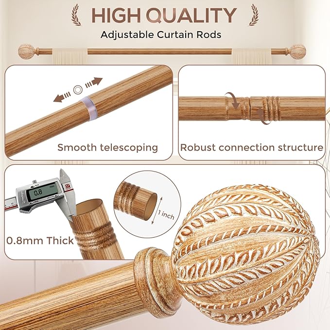 2 Pack Wood Curtain Rod for Windows 28 to 48 Inch, 1'' Diameter Adjustable Heavy Duty Rustic Farmhouse Drapery Rods with Boho Imitation Wooden Grain Decorative Finials, Size: 28''-45'' – Light Wood