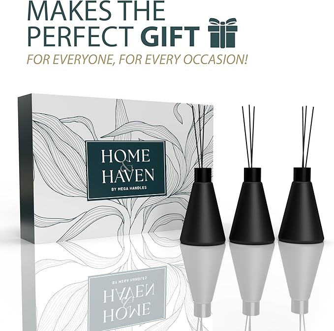 Mega Handles Reed Diffuser Sets (50ml) - 3 Pack White Flower Scent Bathroom Diffuser, Elegant Reed Diffuser for Shelf Decor, Decorative Air Freshener for Large Rooms - Matte Black