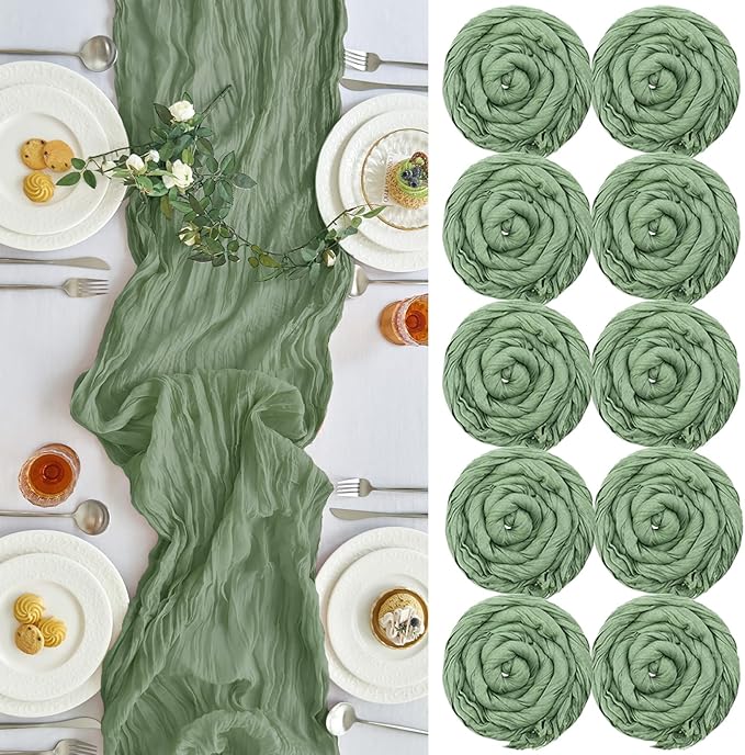 IVAPUPU 10 Pcs Cheesecloth Table Runner - 10ft Sage Green Boho Gauze Cheese Cloth Table Runners for Baby Shower Decoration Wedding Party Summer Garden Farmhouse