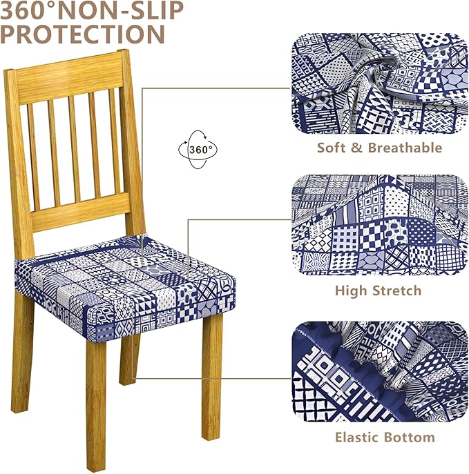 Stretch Dining Chair Seat Covers Set of 6,Dining Chair Slipcovers, Floral Printed Chair Covers,Soft Fabric Washable Upholstered Chair Seat Protector, No Rear Covers for Home Kitchen Dining Room