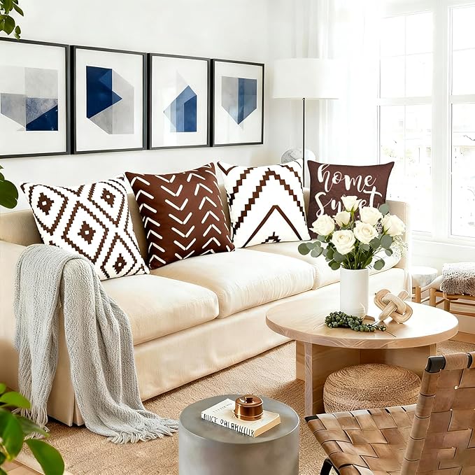 Decorative Throw Pillow Covers 18x18 inch Set of 4 Brown Pillow Covers for Couch Sofa Bed Living Room,Farmhouse Outdoor Throw Pillow Cover,Modern Geometric Linen Square Throw Pillow Cases
