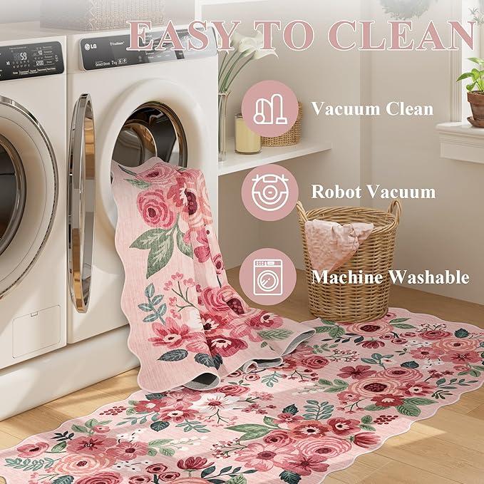 DUKINO 2x4 Washable Runner Rugs, Non Slip Floral Print Entryway Rug with Soft Low Pile, Lightweight Mat for Living Room, Bathroom, Bedroom, Kitchen, Pink