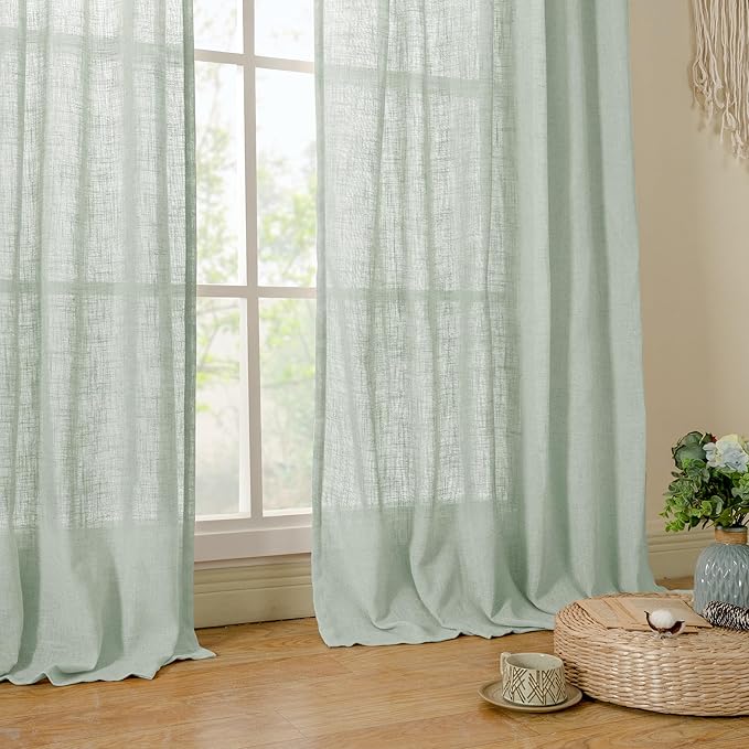 LAMIT 48 Inch Short Window Linen Curtains, Light Filtering Panels Back Tab and Rod Pocket Neutral Drapes for Cafe/Bathroom/Loft Room, Light Sage, 2 Panels, 34 x 48 Inch