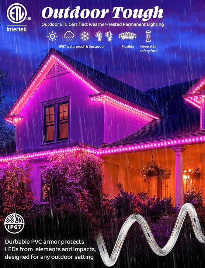 WYZworks 108LEDs, 10ft LED Outside Rope Lights, Waterproof Permanent Outdoor ETL Certified Connectable Clear Tube, Christmas Palm Tree Holiday Decorative Landscape Patio Accent Lighting - Pink