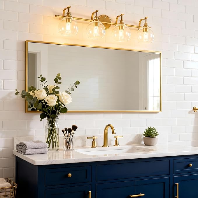 ANDY STAR Brass Vanity Light, Gold Bathroom Light Fixtures 4 Lights, 27.8 Inch Vintage Bathroom Sconces, Brushed Brass Vanity Lighting with Globe Clear Glass Shade, E26 Base (Bulbs Not Included)
