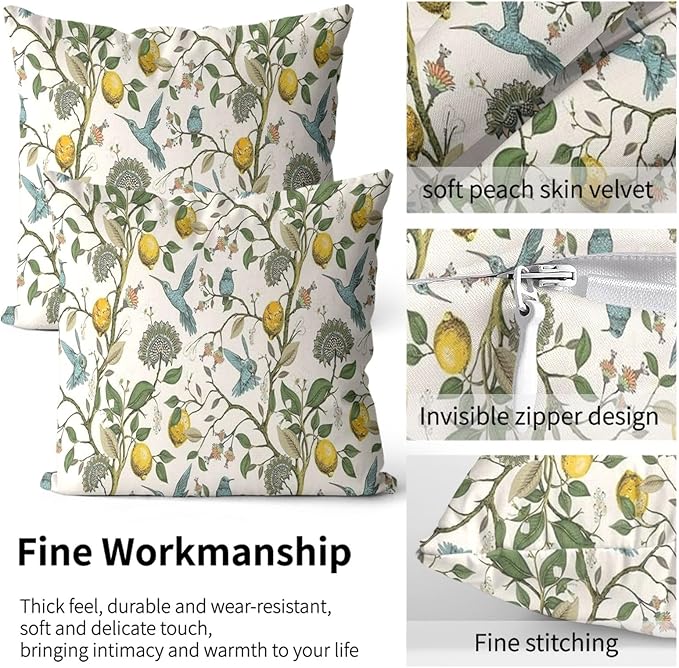 Lemon Tree Pillow Protectors with Zipper Standard Size Vintage Blue Birds Print Pillow Covers Set of 2 Rustic Nature Floral Botanical Pillowcases Antique Midcentury Modern Bed Pillow Covers 30"x20"