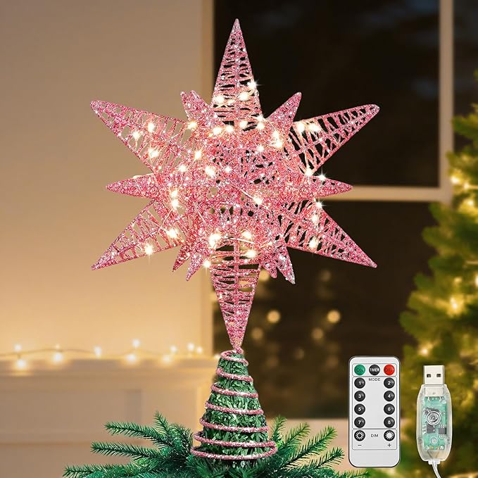 Lewondr Christmas Star Tree Topper, USB Powered Remote Controlled 11 Inch Multilayer Hexagonal Tree Topper Christmas Decor with 8 Light Modes for Home Holiday Xmas, Timer Function, Warm, Pink