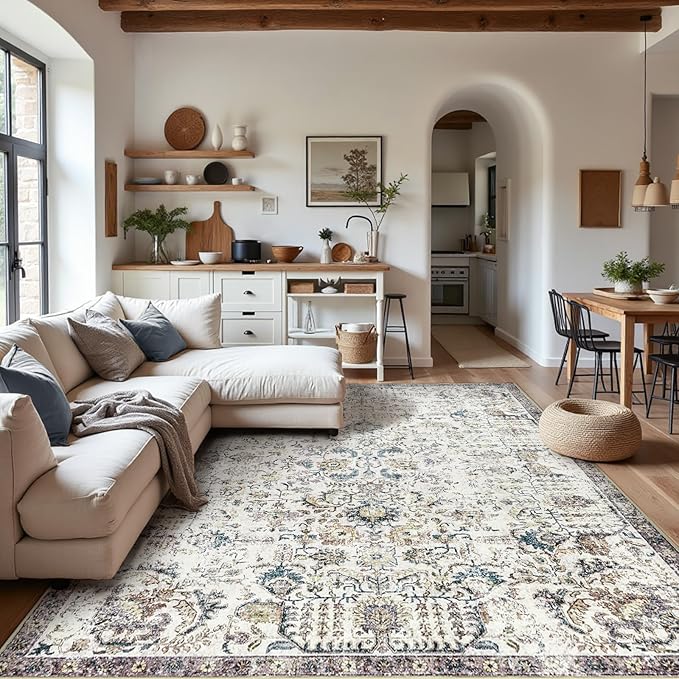 jinchan Kalen Area Rug 9x12 Washable Living Room Rug Vintage Indoor Large Floor Cover Retro Distressed Floral Country Boho Lightweight Non Slip Thin Carpet for Kitchen Bedroom Dining Room Office Blue
