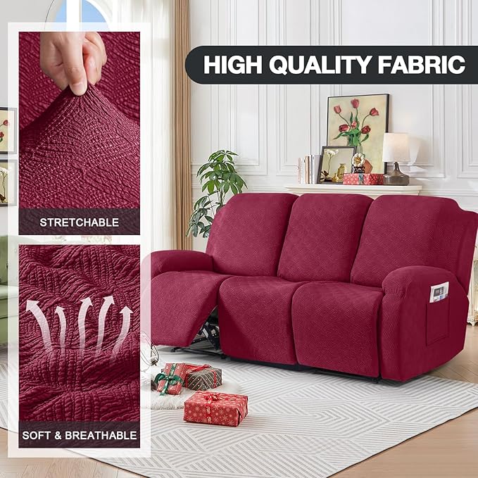 Timeles Recliner Covers for 3 Seater Reclining Sofa Slipcover Furniture Protector for Dogs and Pets Stretch Soft Washable (Three-Seater, Burgundy)