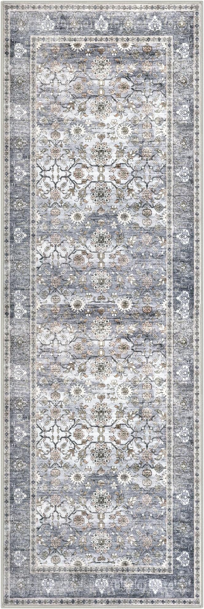 KUTA Vintage Floral Rugs for Entryway, 2PCS 2x3 and 2x6 Grey Blue Entrance Small Area Rug, Non-Slip Washable Ultra Thin Soft Hallway Runner Rug, Low-Pile Indoor Door Mat Floor Carpet