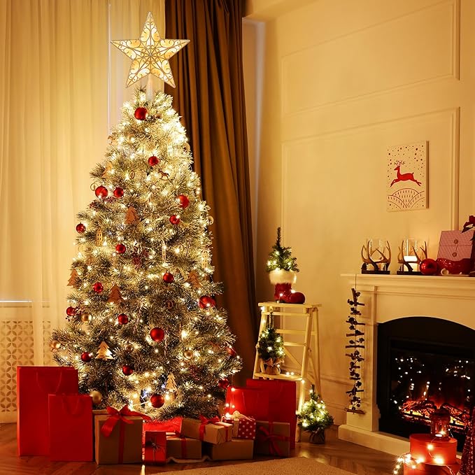 Christmas Star Tree Topper, Plug in Sliver Glittered 3D Star Tree Topper, Metal Hollow Designed Built-in 10 Bulbs String Lights for Indoor Christmas New Year Holiday Tree Decoration, White Base