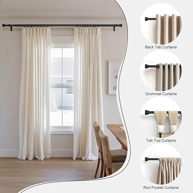PORTRES Black Heavy Duty Curtain Rods for Windows 66 to 120 Inches Adjustable Length 1" Diameter Curtain Rod with Modern Decorative Finials for Outdoor Farmhouse Bedroom Kitchen Living Room