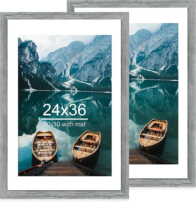 24x36 Poster Frame Set of 2, Rustic Grey Wood Style - Display 24 x 36 Poster without Mat or 20x30 Picture with Mat, Wall Mounting Horizontal and Vertical