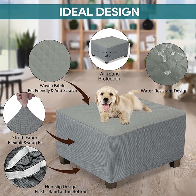 NeColorLife Ottoman Cover Square Waterproof Ottoman Slipcover Thick Storage Footrest Stool Covers Furniture Protector for Pets(Small Size,Light Gray)