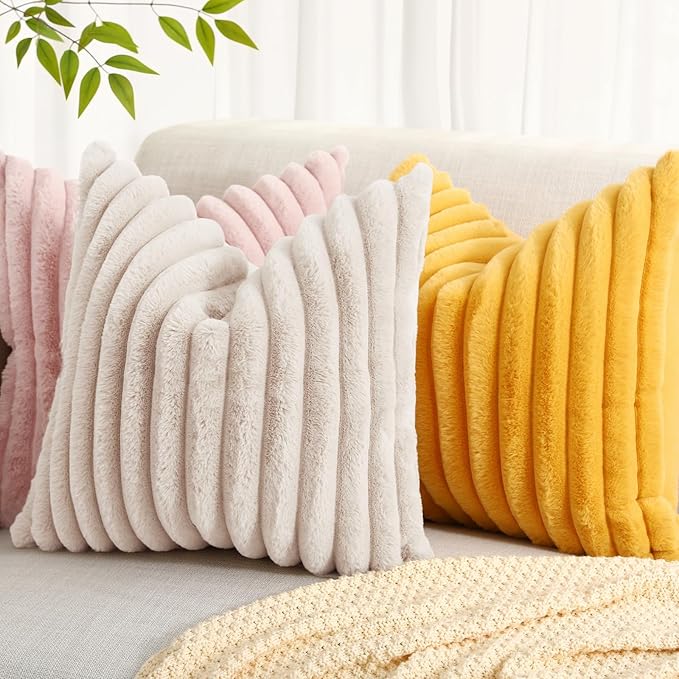 decorUhome Faux Fur Christmas Throw Pillow Covers 24x24 Set of 2, Decorative Soft Plush Striped Neutral Couch Euro Pillow Covers with Velvet Back for Sofa, Bed, Living Room Home Decor, Beige