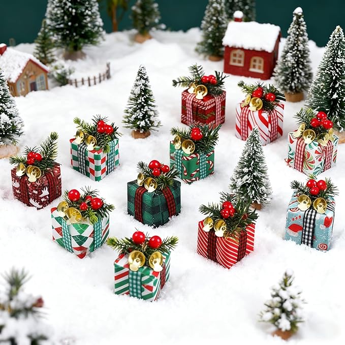 15 Pcs Christmas Tree Gift Boxes Ornaments Xmas Ornaments Present Boxes with Bell Red Berries Needle Miniature Hanging Christmas Ornaments for Xmas Tree Holiday Party Decor