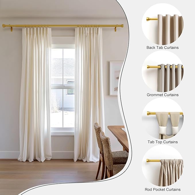 PORTRES Modern Gold Heavy Duty Curtain Rods for Windows 66 to 120 Inches Adjustable Length 1" Diameter Curtain Rod with Farmhouse Decorative Finials for Outdoor Bedroom Kitchen Living Room