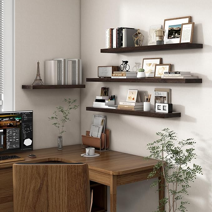 Axeman Floating Shelves for Wall, 8 Inch Deep Rustic Solid Elm Wood Wall Shelves for Storage, Wall Mounted Display Shelving with Invisible Heavy-Duty Metal Bracket, 36'' Width Set of 2, Walnut