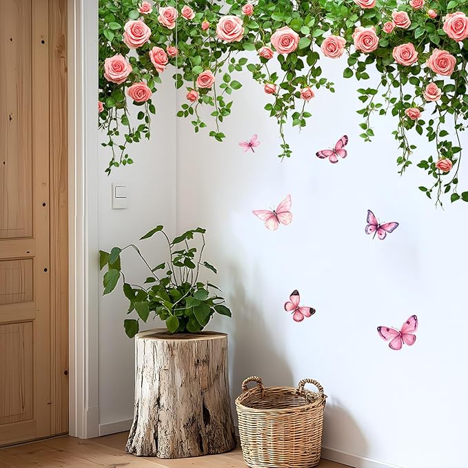 Rose Vine and Butterfly Wall Decals Stickers — Elegant Pink Roses and Flying Butterflies Removable Vinyl Wall Decor for Living Room, Bedroom, Office, Garden Theme Decoration