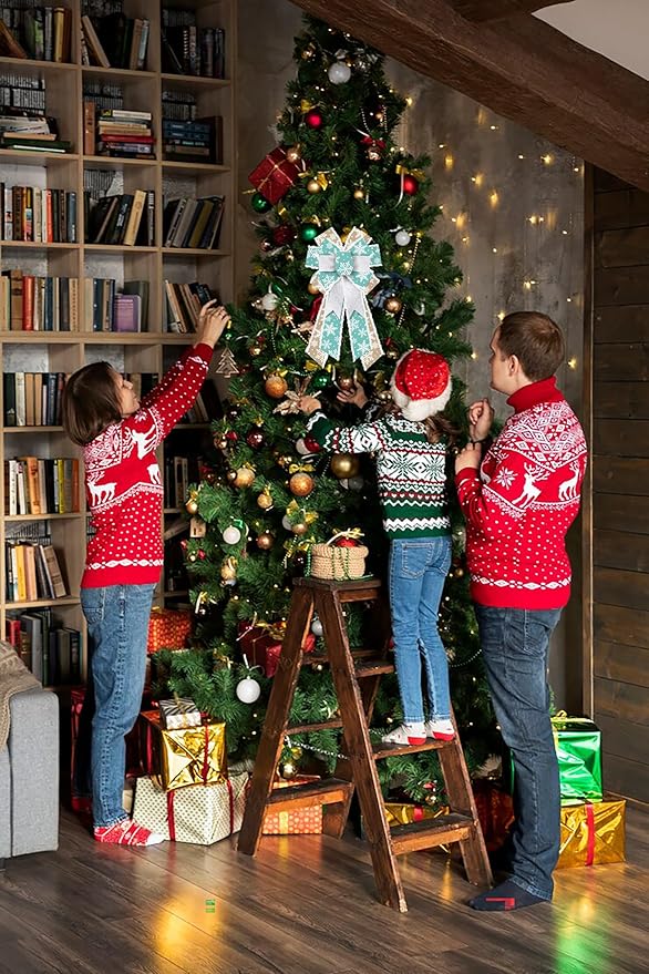 Hying Large Christmas Bows for Wreath, Christmas Wreath Bow Blue Natural Burlap Bow Xmas Snowflake Tree Bows Ornaments for Front Door New Year Christmas Party Decoration Supplies