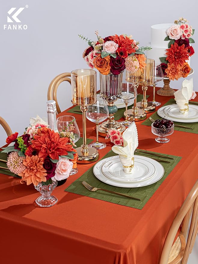 FANKO Artificial Flowers Red Rose, Mixed Fake Silk Flowers Combo Gradient Orange & Champagne Rose Burnt Orange Dahlia Chrysanthemum Vintage for DIY Wedding Bridal Bouquets, Home Decor
