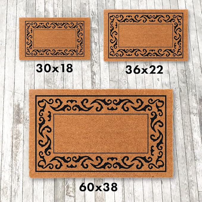 COCO MATS 'N MORE Black Rolling Scrolls Bordered Monogrammed Coco Doormat 18" x 30" with Vinyl Backing | Personalized Monogrammed Coir Outdoor Doormat | Minimal Shedding