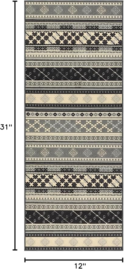 Kapaqua Custom Size Grey Bohemian Kilim Rubber Backed Non-Slip Hallway Stair Runner Rug Carpet 31 inch Wide Choose Your Length 31in X 1ft
