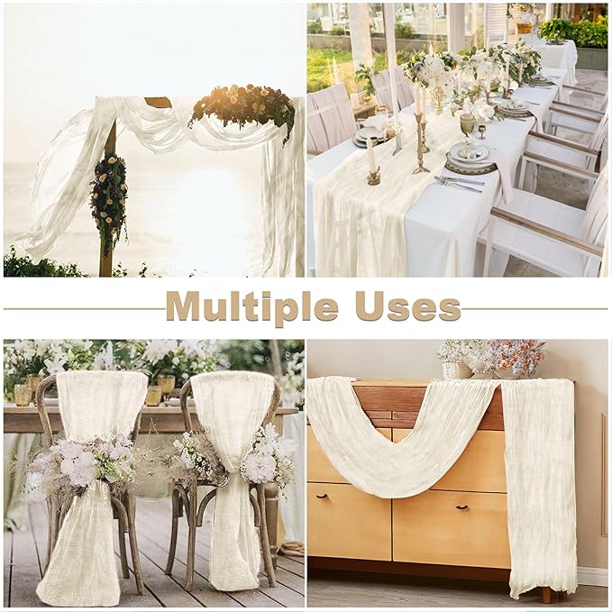 JOYIT 6 Pack White Cheesecloth Table Runner 35" x 120" – Boho Table Runner Set for Wedding, Birthday, and Party Decor, Romantic Gauze Table Runner for Rustic and Elegant Tablescapes (Ivory White)