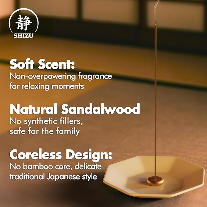 Shizu Sandalwood Incense Sticks – Temple Grade Japanese Incense with Brass Holder – Calming Scent for Relaxation, Meditation & Home Spa, Elegant Gift Set (60 Sticks)