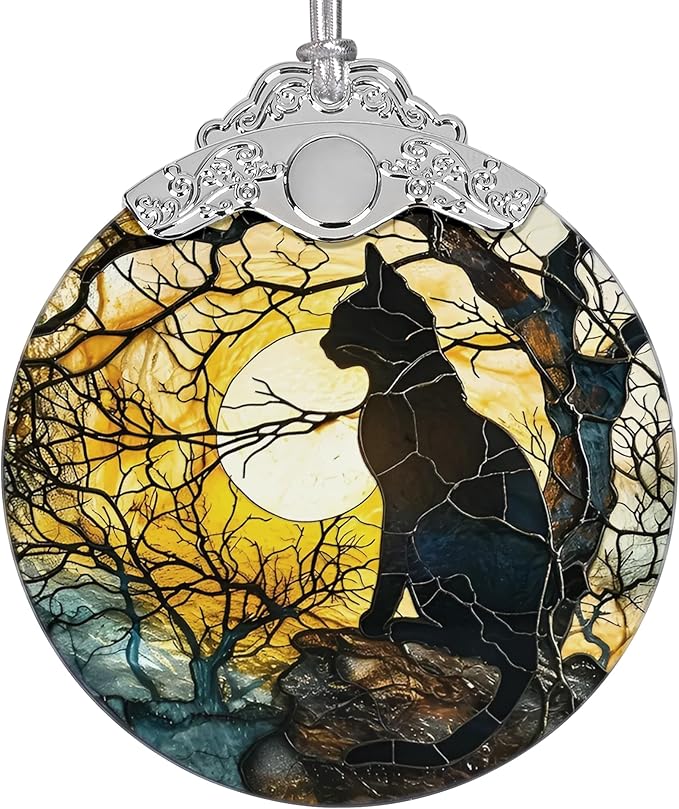 2025 Ornaments for Christmas Tree, Zmoicky Stained Glass Hanging Ornament, Christmas Ornaments Clearance, Gift Exchange Ornament, Bauble Present - Moonlight Black Cat