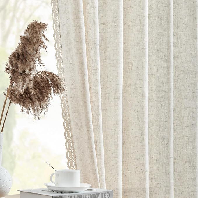 jinchan Linen Curtains for Living Room Bedroom Light Filtering Semi Sheer Curtains Boho Farmhouse French Country Cottage Core Decor Window Drapes Back Tab 90 Inch Length Laced Beige