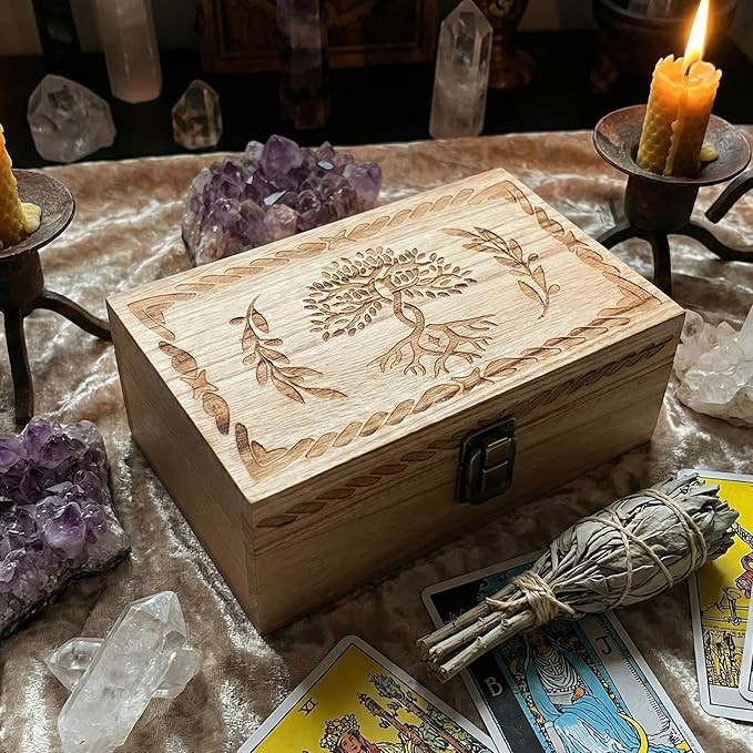 Tree of Life Keepsake Box, Wooden Decorative Trinket Box Celestial Decor for Women, Witchy Gifts Home Decor Jewelry Storage Boxes with Hinged Lid