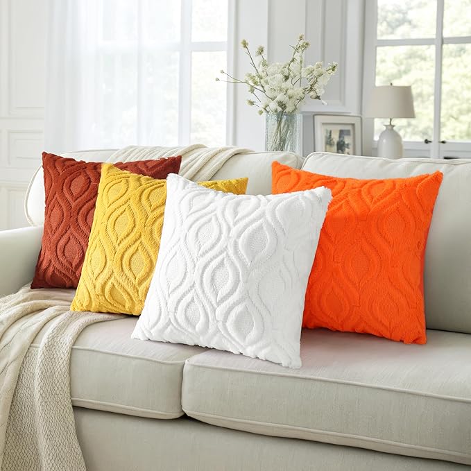 decorUhome Throw Pillow Covers 18x18 Inch Set of 2, Soft Plush Faux Wool Orange Solid Couch Pillow Covers, Accent Farmhouse Neutral Square Pillow Cases for Sofa Bed Living Room