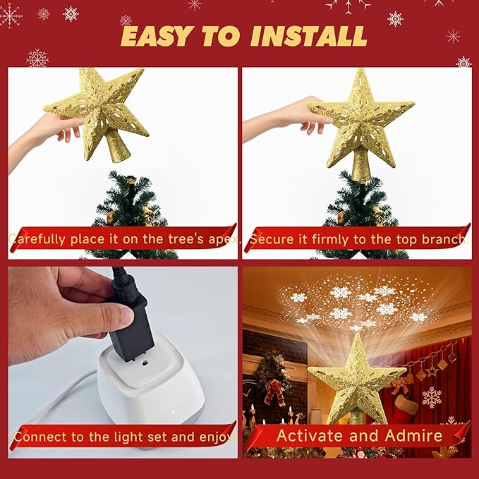 Christmas Tree Topper Lighted Star,3D Hollow Sparkling Star Christmas Tree Topper with 6 Patterns Rotating Magic Cool White Snowflake Projector, Plug in Gold Tree Topper for Tree Ornament
