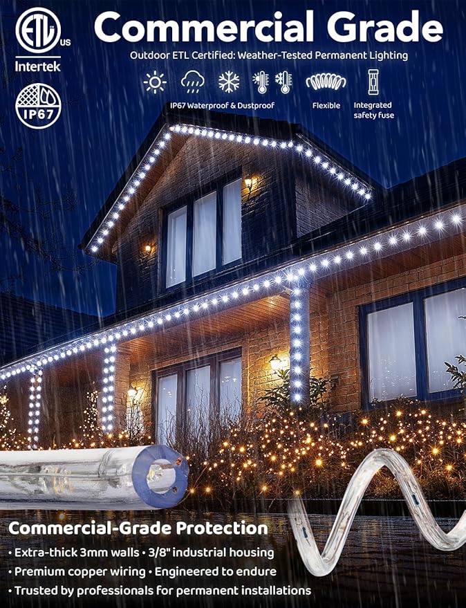 WYZworks 108LEDs, 10ft LED Outside Rope Lights, Waterproof Permanent Outdoor ETL Certified Connectable Clear Tube, Christmas Palm Tree Holiday Decorative Landscape Patio Accent Lighting - Cool White