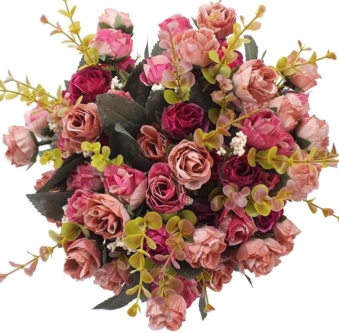 Duovlo 7 Branch 21 Mini Rose Heads Artificial Flowers Bouquet Wedding Home Office Decor,Pack of 4 (Rose Red)
