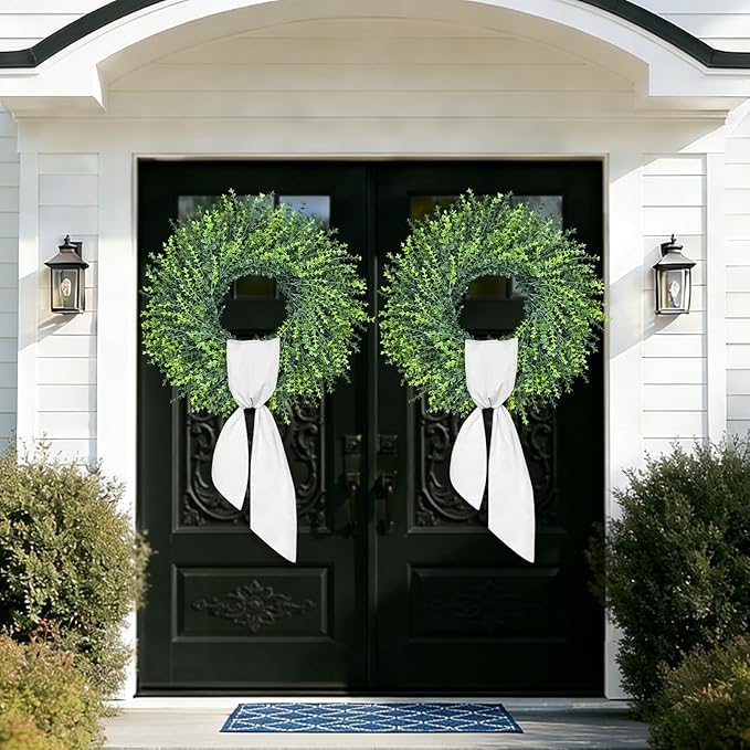 28In Large Boxwoods Door Wreaths for Front Door Spring Summer Outside All Season Green Year Round Artificial Greenery Wreath for Wall Window Rustic Farmhouse Home Outdoor Indoor Decorations