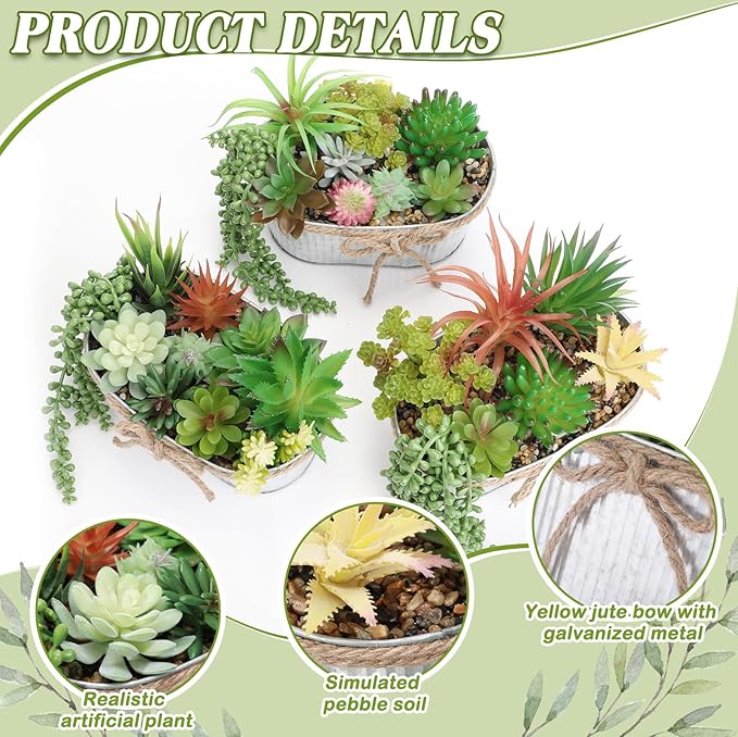 3 Pack Mini Potted Artificial Faux Plastic Succulent Combination Plants Christmas Farmhouse Galvanized Metal Pots Plastic Topiaries Plants for Xmas Home Office Shelf Desk Table Decor