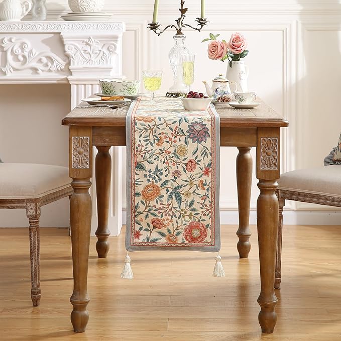 bilingaier Floral Cloth Small Runner for Table,Decorative Linen 102 Inches Long Table Runners,Farmhouse Decor Tabletop for Kitchen,Dining,Party,Home,Christmas,12"*102"
