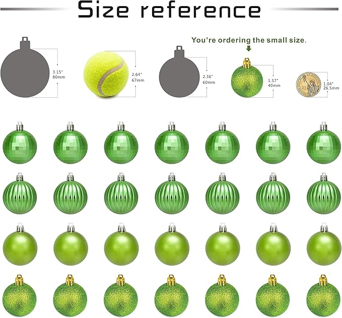 Small Size 28ct shatterproof Christmas Ball Ornaments in 4 Classic finishes for Christmas Tree Decoration (Lime Green, 1.57“ Mini Size)