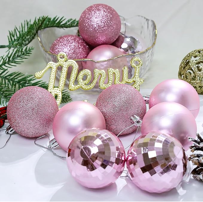 Aitsite 24ct Christmas Tree Ornaments Set 1.57 inches Mini Shatterproof Holiday Ornaments Balls for Christmas Decorations (Pink)