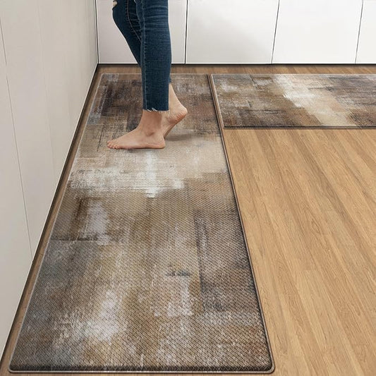 Arttown Brown Grey Painting Anti-Fatigue Kitchen Rug Set of 2 Beige Contemporary Abstract Cushioned Floor Standing Mat Waterproof Non-Slip Kitchen Mat and PVC Ergonomic Comfort Foam Rug