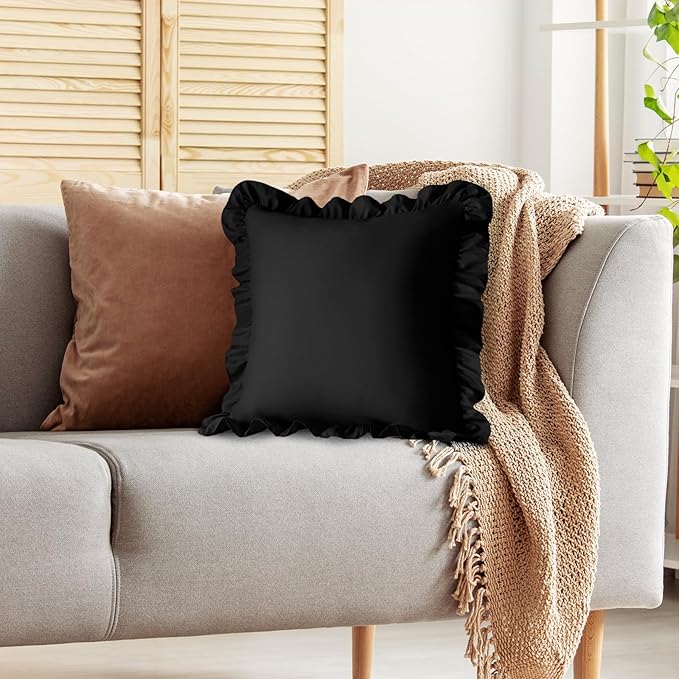 KKJIAF Ruffle Pillow Cases 26x26 Inches, Black Square Ruffled Pillow Covers Set of 2, Microfiber Wrinkle Resistant Pillow Shams with Envelope Closure for Sofa Bed Living Room