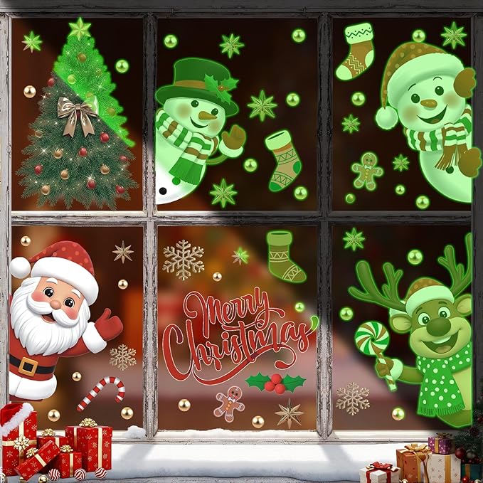 Merry Christmas Luminous Window Clings,Winter Snowflake Luminous Stickers,Xmas Wall Decals,Santa Snowman Reindeer Christmas Tree Stickers,Red Green Xmas Window Clings for Home Room School