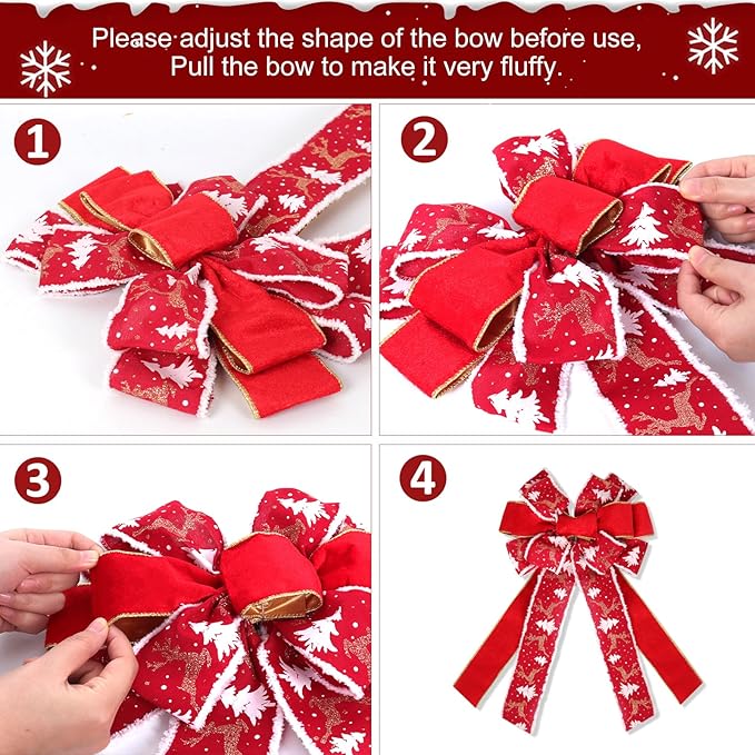 RECUTMS 2 Pieces Christmas Bows Red Christmas Tree Topper Wreath Bows with Xmas Tree Patterns Two-Tier Christmas Bow Decoration for Winter Holiday Xmas Gift Party Seasonal Indoor Outdoor Decor
