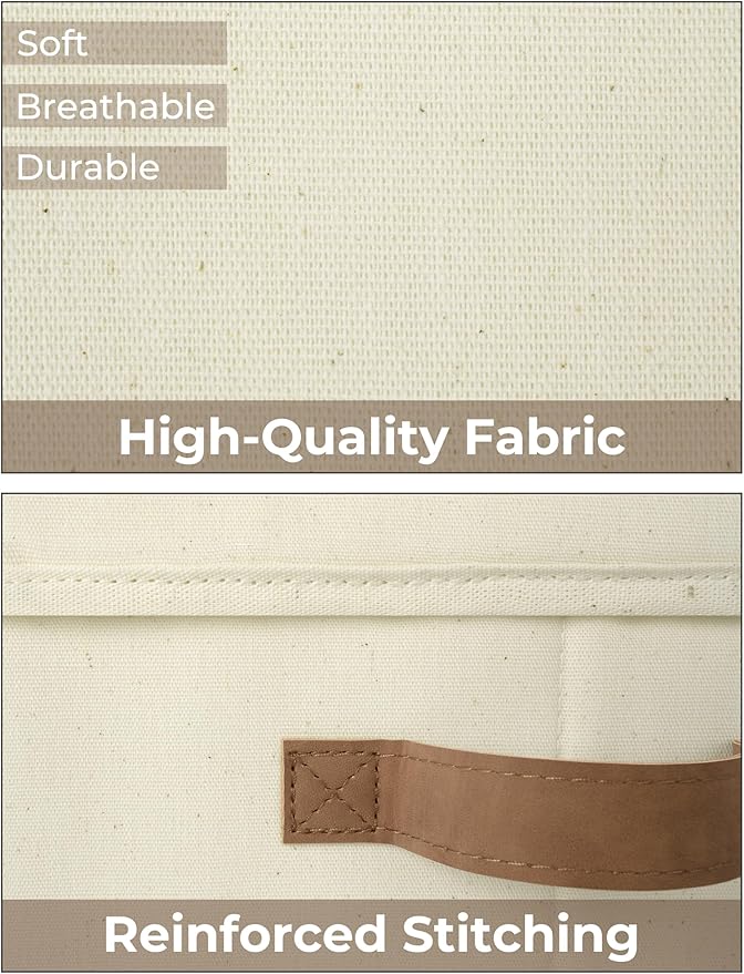StorageWorks Storage Bins with Lids, Decorative Storage Boxes with Lid and PU Handles, Foldable Storage Baskets for Closet, Shelves, Stackable, Ivory, Medium, 3-Pack