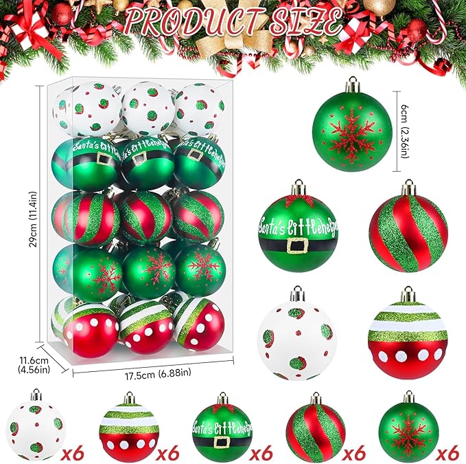 Christmas Ornaments Balls - 30 Pcs 2.4 Inch Shatterproof Plastic Christmas Balls Sets, Red Green & White Small Christmas Tree Ball Hanging Ornaments for Holiday Wreath Party Christmas Tree Decor (D)