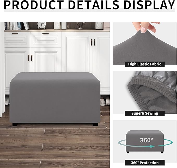 Easy-Going 100% Dual Waterproof Stretch Ottoman Cover Rectangle Folding Storage Stool Furniture Protector Soft Slipcover for Living Room with Elastic Bottom (Large, Light Gray)